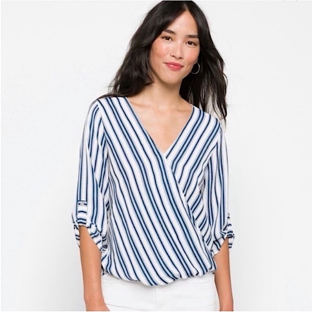 West Kei Stitch Fix Allan Stripe Surplice High Low Top L